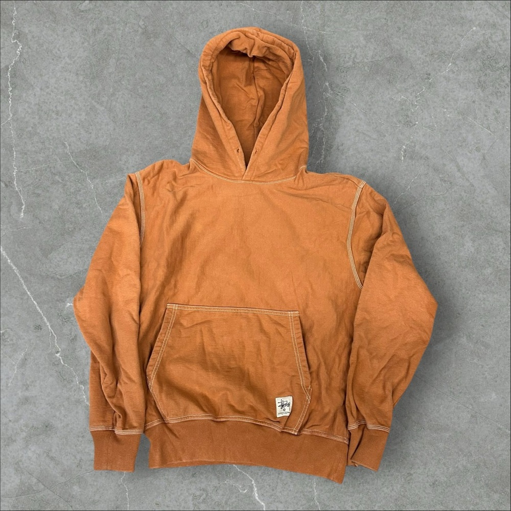 Stussy Hoodie Mens Small Orange‎ Skate Y2K Pullover Grunge Fleece Sweatshirt